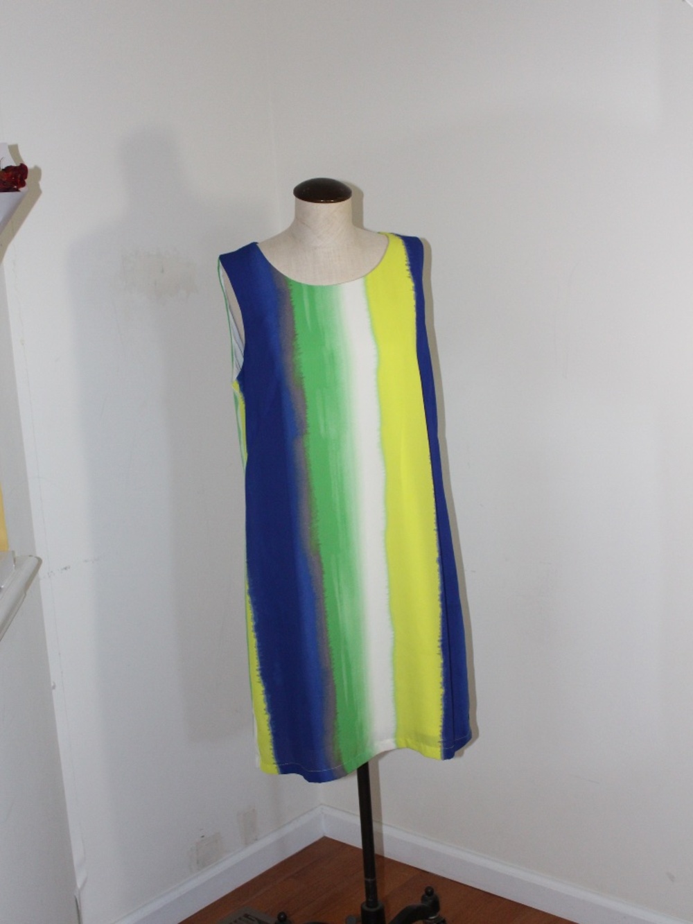 Melrose, Sleeveless  Dress in Blue, Green & Yellow brush strokes